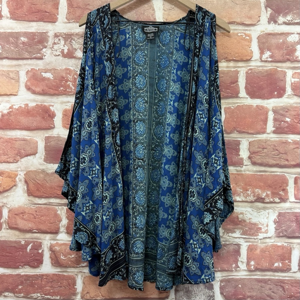 Vintage Angie Kimono Shrug Top Womens L Blue Multicolor Slit Sleeve Shirt Topper